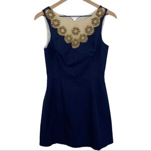 Lilly Pulitzer Navy Dress Gold Flower Beaded Neck